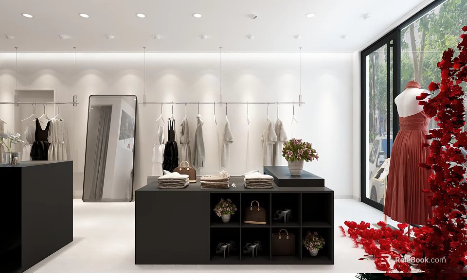 Clothing Store Interior with Hanging Clothes Display Counter Bags and Flower Bouquet Mirror Bright Design 3d model 