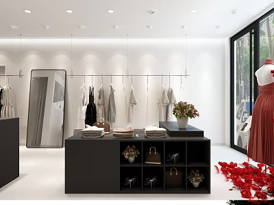 Clothing Store Interior with Hanging Clothes Display Counter Bags and Flower Bouquet Mirror Bright Design 3d model