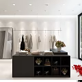 Clothing Store Interior with Hanging Clothes Display Counter Bags and Flower Bouquet Mirror Bright Design