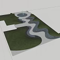 Curved Water Channels And Green Grass Around Decorative Water Fountain In Paved Area