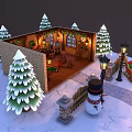 Cartoon Christmas Scene With Cozy Cottage Snowman Sleigh And Pine Trees