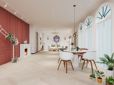 Bridal Shop Interior Design With Red Walls White Herringbone Floor Arched Windows And Potted Plants 3d model