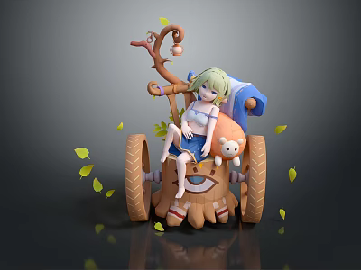 Green Haired Girl Sitting On Animal Shaped Cart With Teddy Bear And Falling Leaves 3d model
