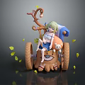 Green Haired Girl Sitting On Animal Shaped Cart With Teddy Bear And Falling Leaves