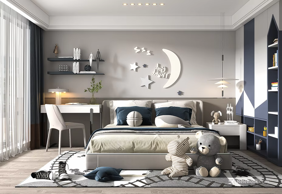 Cozy Kids Room With Bed Stuffed Teddy Bears Moon Star Wall Decor Bookshelf And Desk 3d model 
