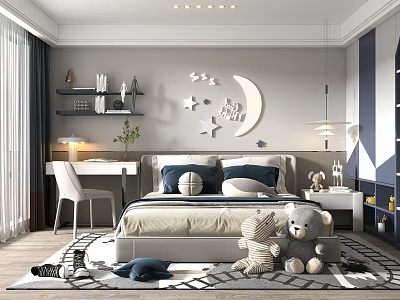 Cozy Kids Room With Bed Stuffed Teddy Bears Moon Star Wall Decor Bookshelf And Desk 3d model