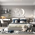 Cozy Kids Room With Bed Stuffed Teddy Bears Moon Star Wall Decor Bookshelf And Desk