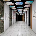Elevator Hallway with Colorful Decorative Umbrellas on Ceiling Wall Paintings Marble Walls and Tile Flooring