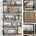 Stylish Decorative Ornament Set with Black Frame Shelves Various Shaped Vases Sculptures and Geometric Panels