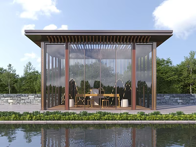 Modern Outdoor Pavilion Design With Glass Walls Wooden Lattice Table Chairs And Water Pool 3d model