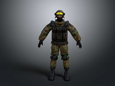 Military Soldier In Camouflage Uniform With Helmet Goggles And Tactical Gear 3d model