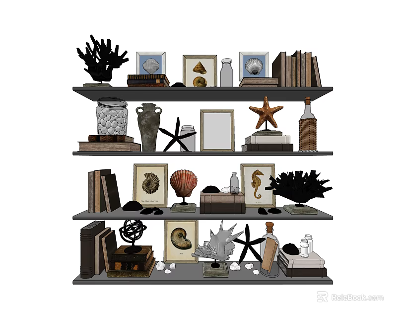Decorative Ornaments Collection On Multi Tiered Shelf With Seashells Starfish Picture Frames And Books 3d model 