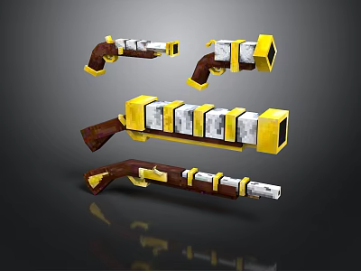 Pixel Style Weapon Designs Featuring Pistol Rifle Yellow Brown Barrel Grip 3d model