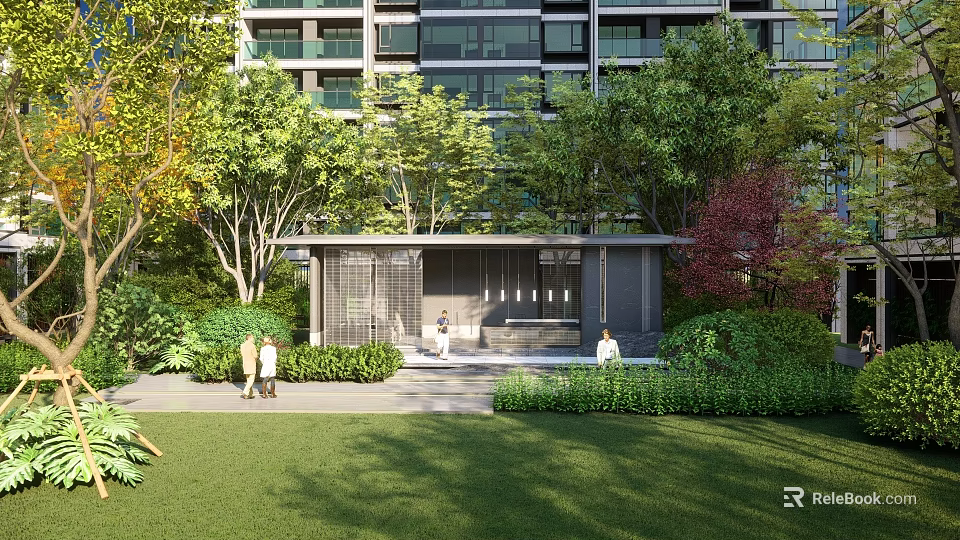 Serene Pergola Near Grass Lawn With Lush Greenery Trees And High Rise Building Background 3d model 