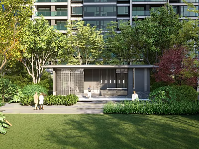Serene Pergola Near Grass Lawn With Lush Greenery Trees And High Rise Building Background 3d model
