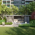Serene Pergola Near Grass Lawn With Lush Greenery Trees And High Rise Building Background