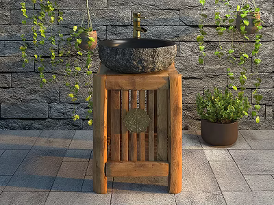 Rustic Stone Washbasin On Wooden Stand With Green Plants And Stone Wall 3d model