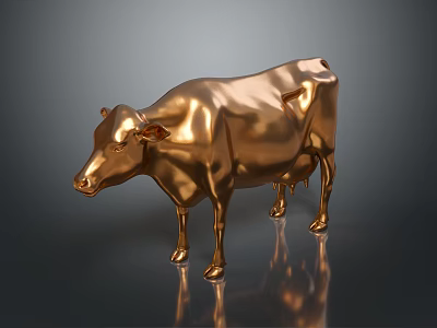 Golden Cow Sculpture with Metallic Shine and Reflective Base on Dark Background 3d model