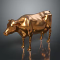 Golden Cow Sculpture with Metallic Shine and Reflective Base on Dark Background