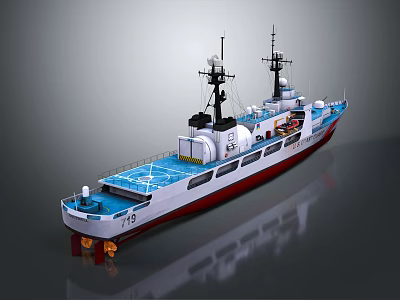Ship Number 715 With Blue Deck Red White Hull And Masts 3d model