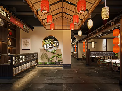 Traditional Chinese Restaurant With Red Lanterns Wooden Ceiling Round Window Stone Floor And Green Plants 3d model