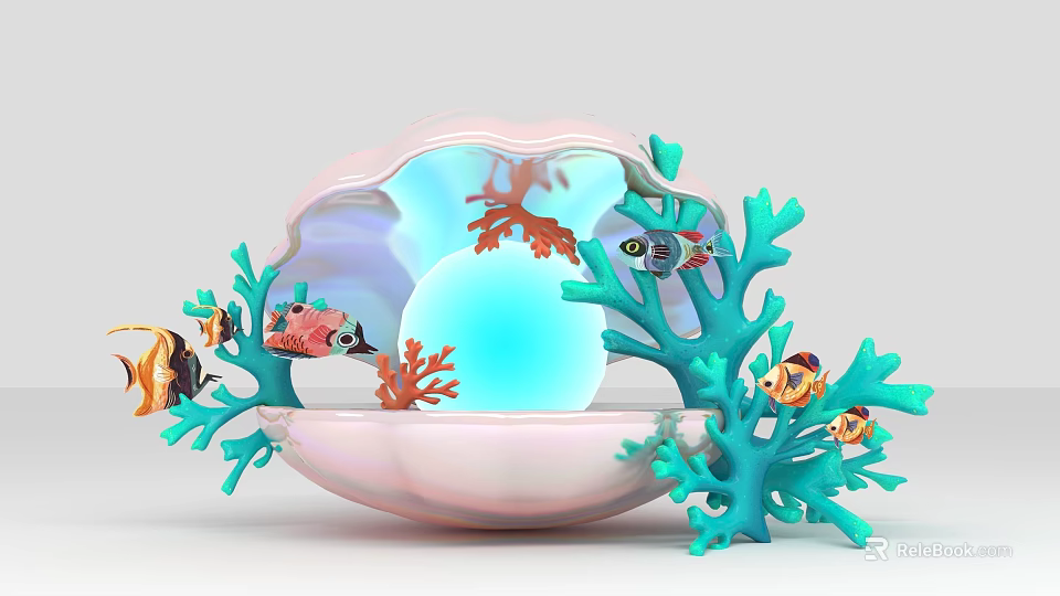 Pink Shell Shaped Photo Spot With Blue Background Green Corals And Colorful Fish 3d model 