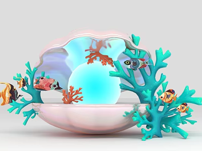 Pink Shell Shaped Photo Spot With Blue Background Green Corals And Colorful Fish 3d model