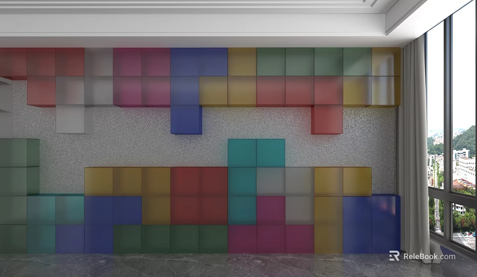 Colorful Block Background Wall with Transparent Colored Cubes in Modern Interior Design 3d model 