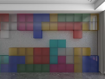 Colorful Block Background Wall with Transparent Colored Cubes in Modern Interior Design 3d model