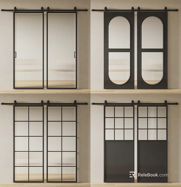Modern Barn Doors With Black Frames And Various Glass Panel Designs 3d model