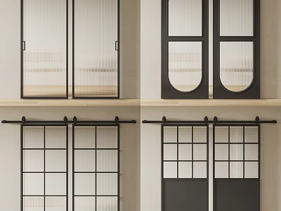 Modern Barn Doors With Black Frames And Various Glass Panel Designs 3d model