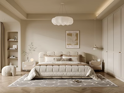 Neutral Tones Bedroom Interior With Cloud Shaped Pendant Light Upholstered Headboard And Geometric Rug 3d model