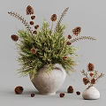 Natural Style Decorative Ornament Set With Pine Branches Clay Pot And Pine Cones