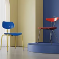 Blue And Red Modern Dining Chairs With Metal Legs On Blue Platform In Contemporary Room