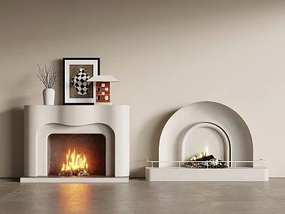 Two White Fireplaces With Burning Flame Decorative Items Firewood And Metal Guardrail 3d model