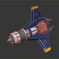 Blue And Yellow 3D Mechanical Model With Conical Front Silver Cylinder Black Sphere And Wing Like Structures