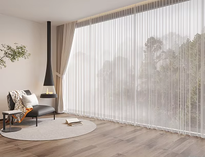 Modern Living Room With Sheer White Curtains For Floor To Ceiling Windows 3d model