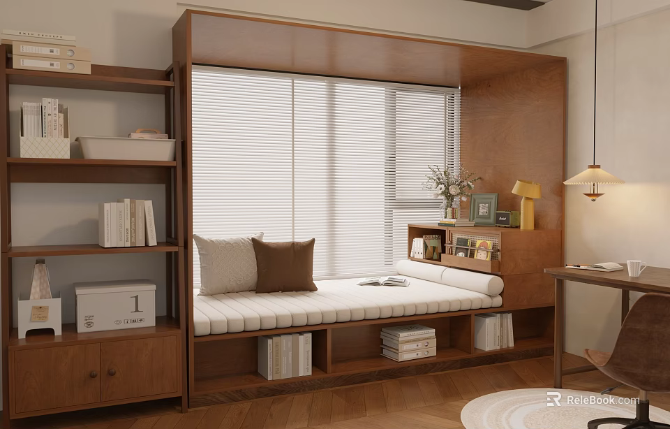 Modern Window Seat Interior With Wooden Bookshelves Blinds Pillows And Books 3d model 