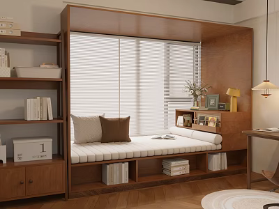 Modern Window Seat Interior With Wooden Bookshelves Blinds Pillows And Books 3d model