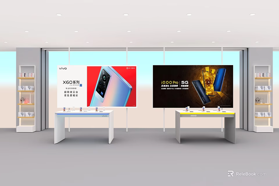 Retail Display Shelves with Mobile Phone Showcases and Digital Billboards in Modern Store 3d model 