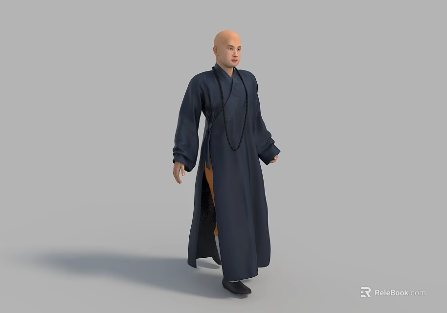 Bald Man in Full Length Dark Blue Robe Standing Against Gray Background 3d model 