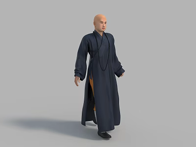 Bald Man in Full Length Dark Blue Robe Standing Against Gray Background 3d model
