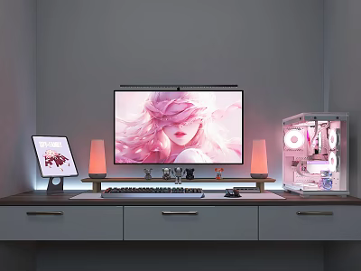 Modern Computer Workstation With LED Monitor Transparent PC Case Mechanical Keyboard Tablet And RGB Lighting 3d model