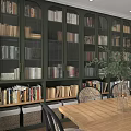 Modern Interior Design With Dark Green Wooden Bookshelves Filled With Books Dining Table And Plant