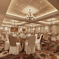 Elegant Banquet Hall Interior With Crystal Chandeliers Dining Tables And Patterned Carpet 3d model