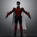 3D Modeled Superhero Character in Red and Black Costume With White Cape and Spiked Gloves