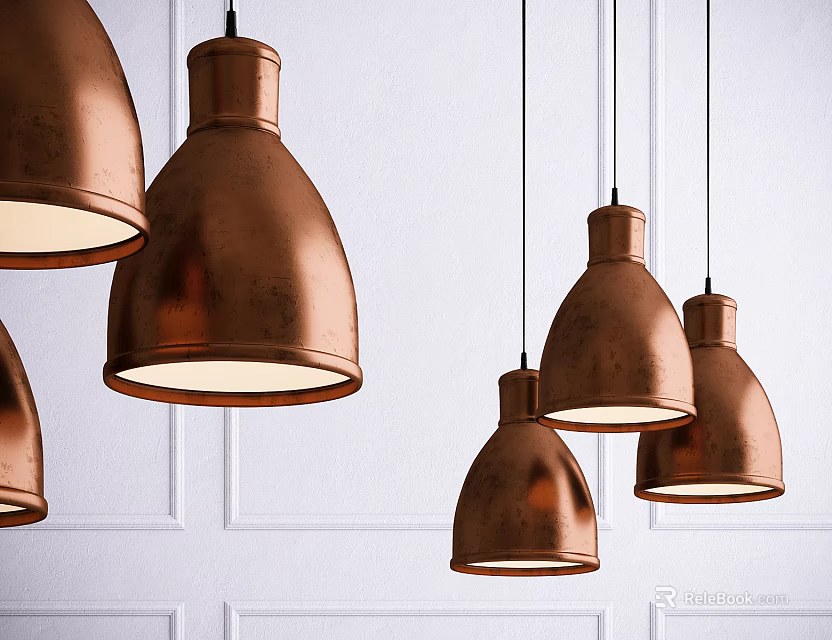 Copper Pendant Lights Hanging Illuminated Over White Wall Modern Interior Design 3d model