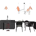 Modern Dining Table Set With Chairs Pendant Lights And Kitchen Island 3d model