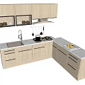Modern Kitchen Light Colored Cabinets With Countertop Sink Gas Stove And Fruit Plate