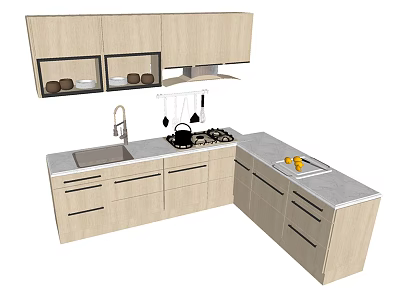 Modern Kitchen Light Colored Cabinets With Countertop Sink Gas Stove And Fruit Plate 3d model
